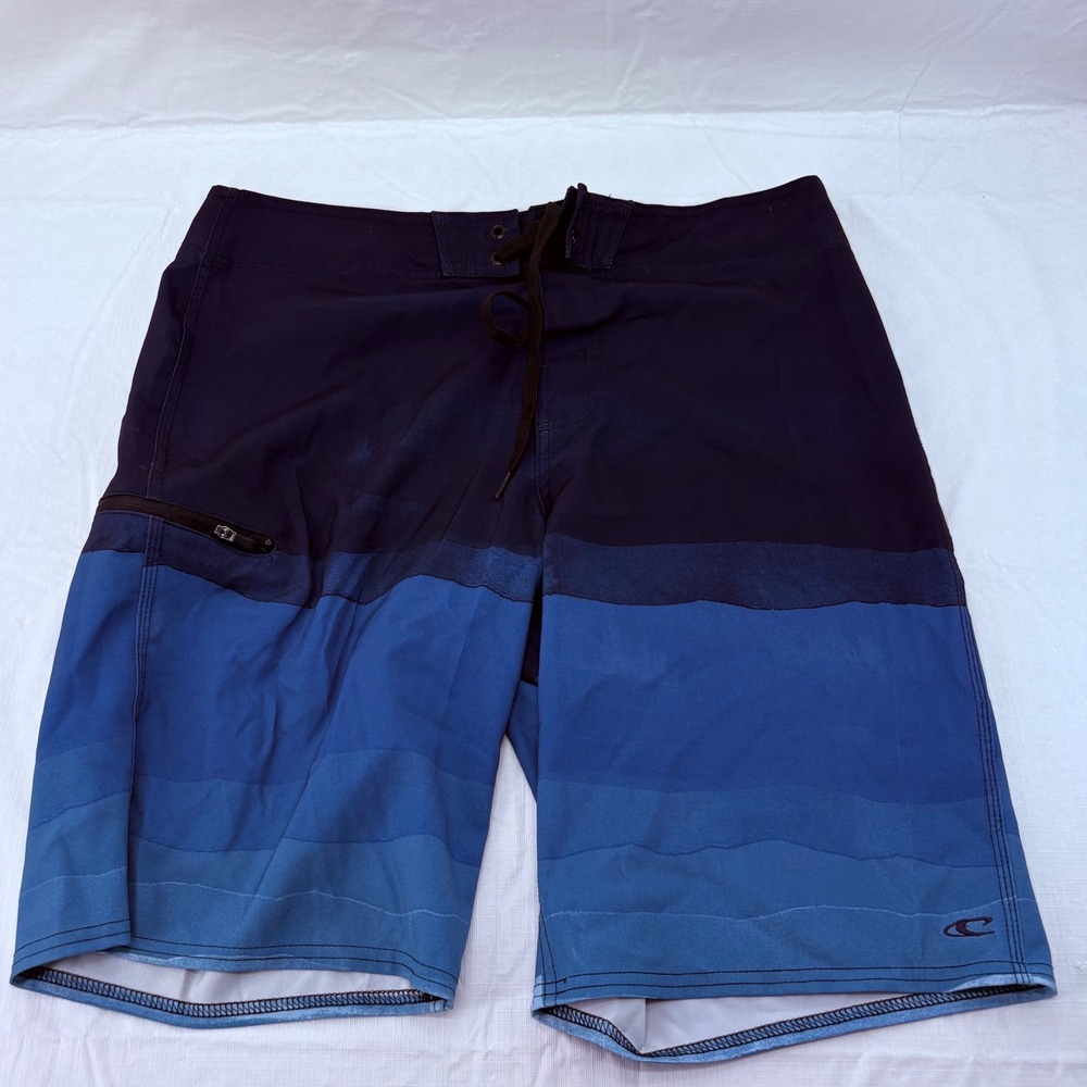 Mens ONeill Hyperfreak Board Shorts Blue Gradient Wave Print Size 32 Surf Swim